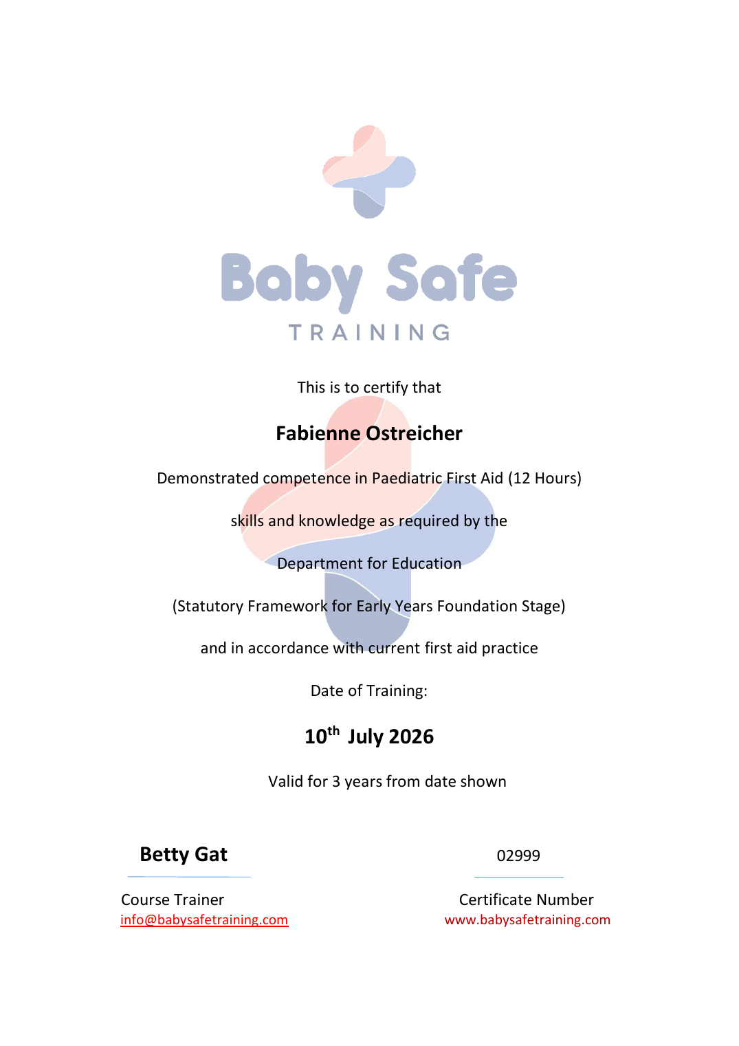 Fabienne Ostreicher Paediatric First Aid certificate