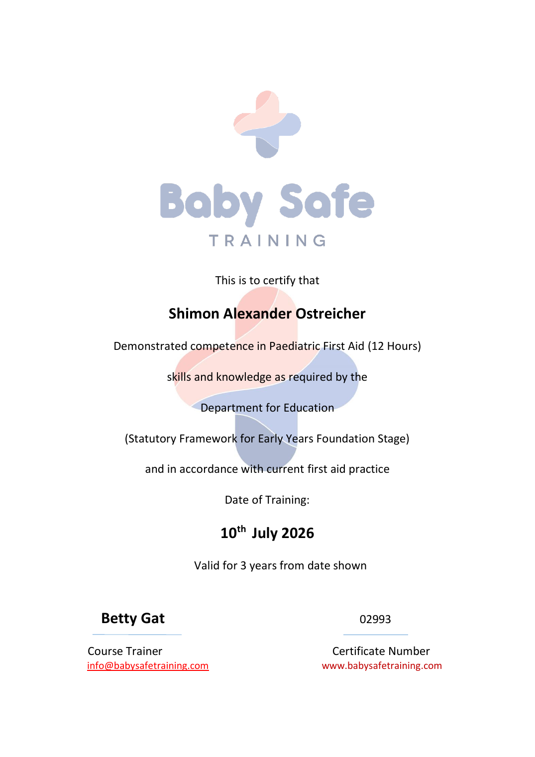 Shimon Alexander Ostreicher Paediatric First Aid certificate