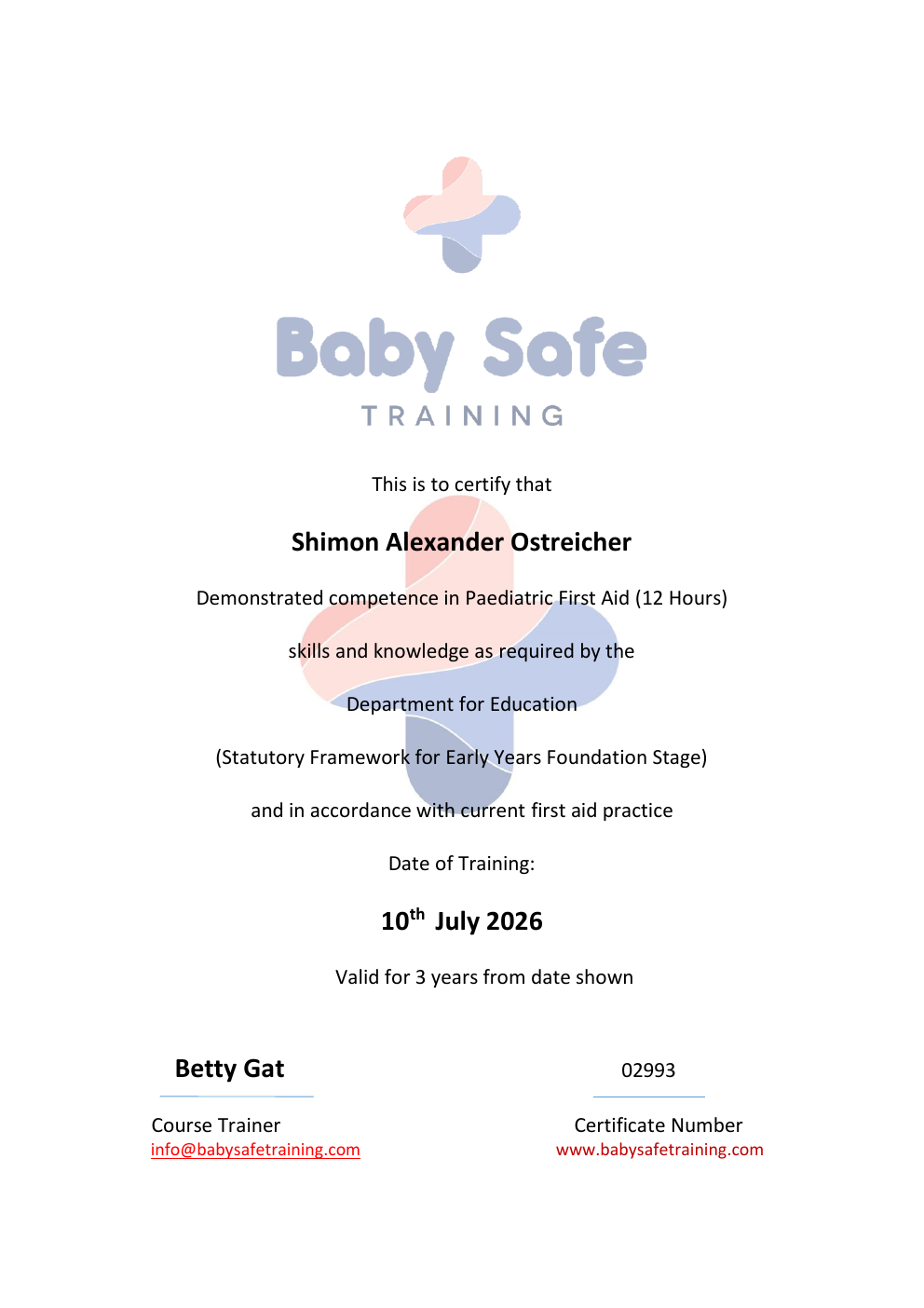Shimon Alexander Ostreicher full Paediatric First Aid certificate