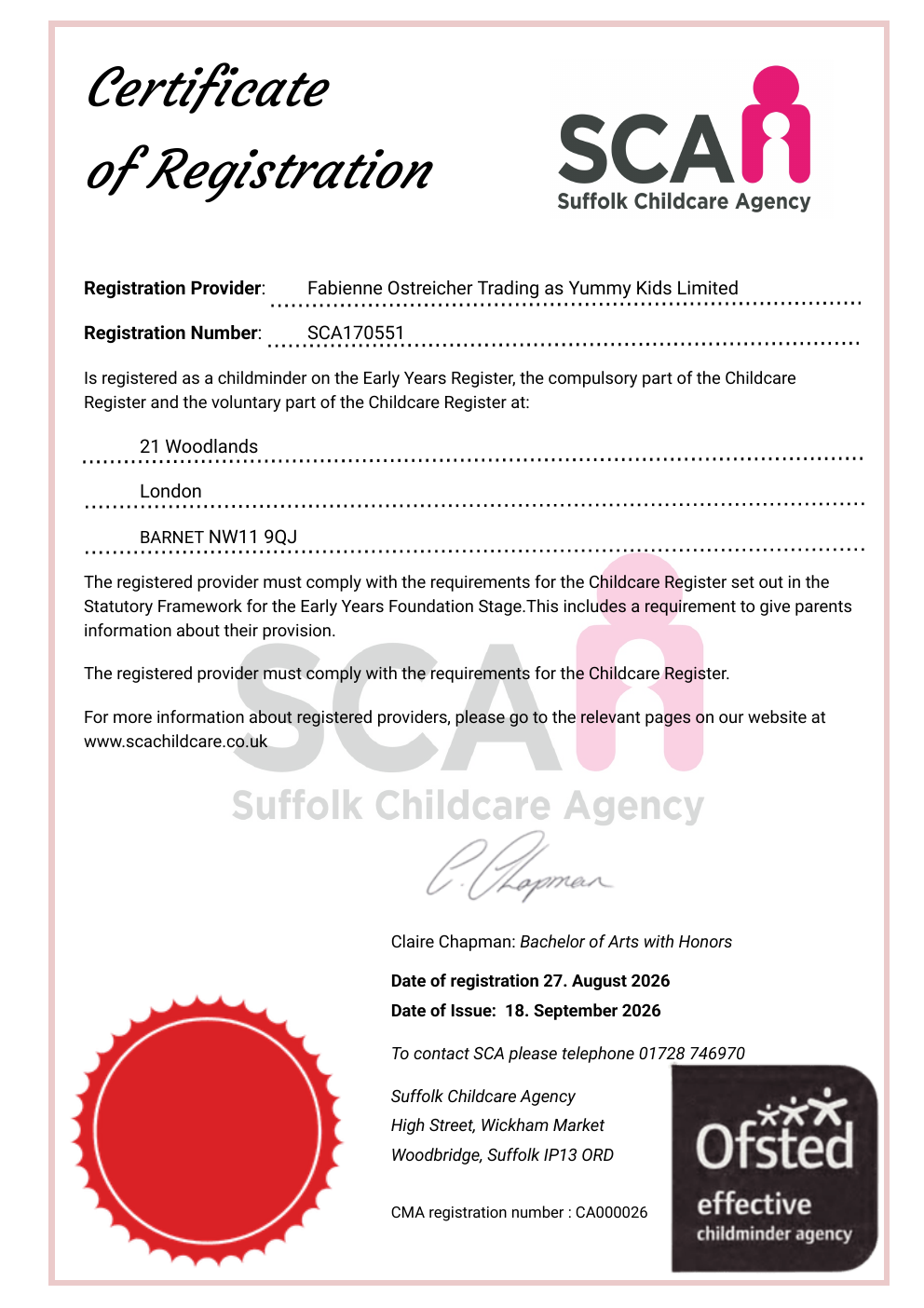 SCA registration certificate - SCA170551